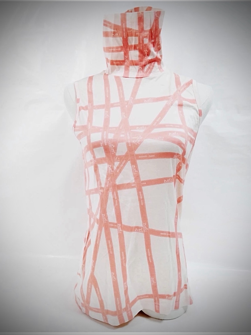 Hermès—Orange Ribbon Striped White Sleeveless Mock Neck Top, XS